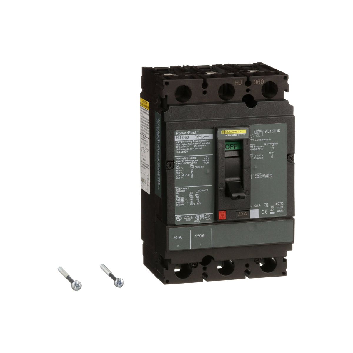 Interruptor termomagnético PowerPacT H, de 20A, 3 polos, 65kA a 600V, I-Line Schneider Electric HJL36020