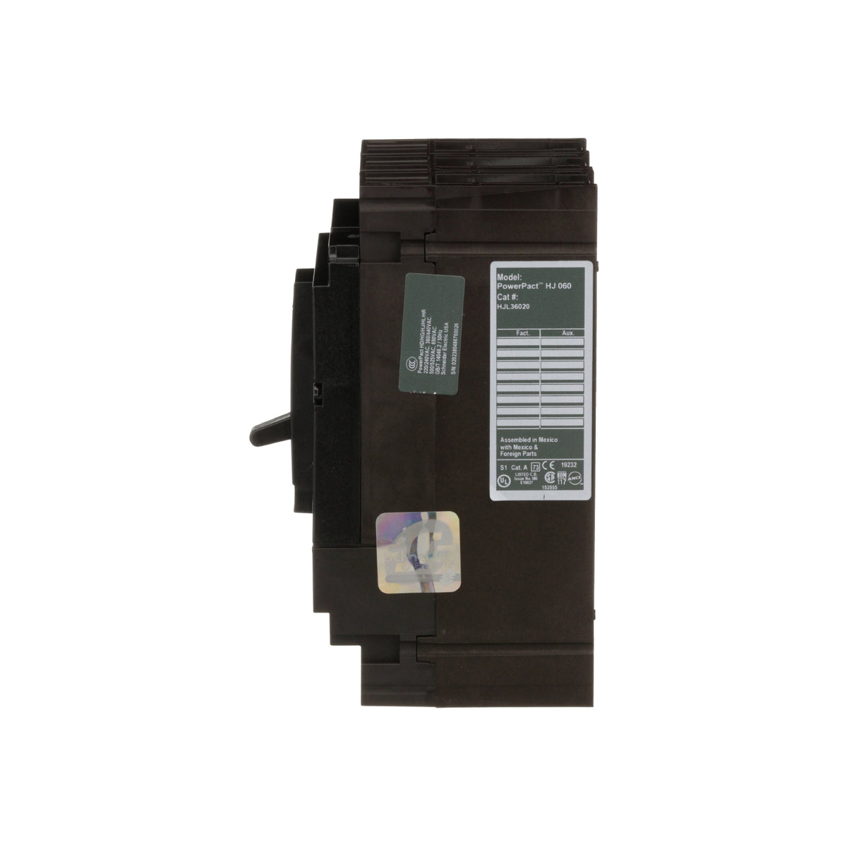 Interruptor termomagnético PowerPacT H, de 20A, 3 polos, 65kA a 600V, I-Line Schneider Electric HJL36020