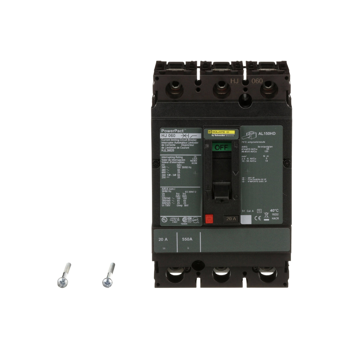 Interruptor termomagnético PowerPacT H, de 20A, 3 polos, 65kA a 600V, I-Line Schneider Electric HJL36020