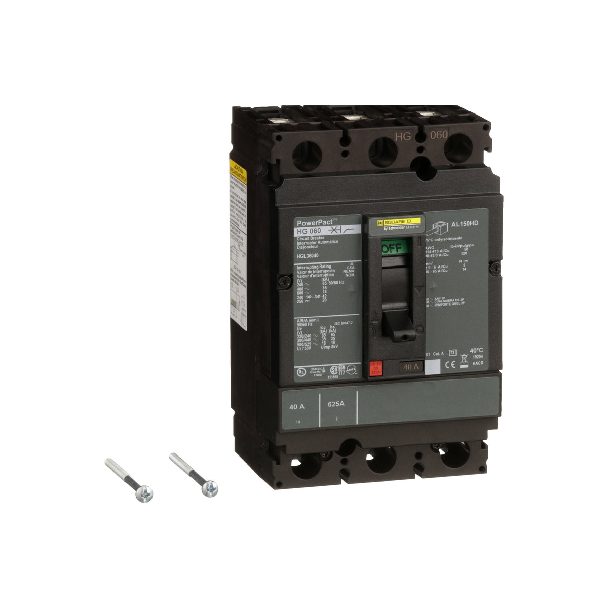 Interruptor termomagnético PowerPacT H, de 40A, 3 polos, 65kA a 600V, I-Line Schneider Electric HJL36040