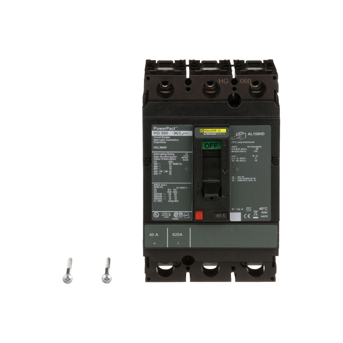 Interruptor termomagnético PowerPacT H, de 40A, 3 polos, 65kA a 600V, I-Line Schneider Electric HJL36040