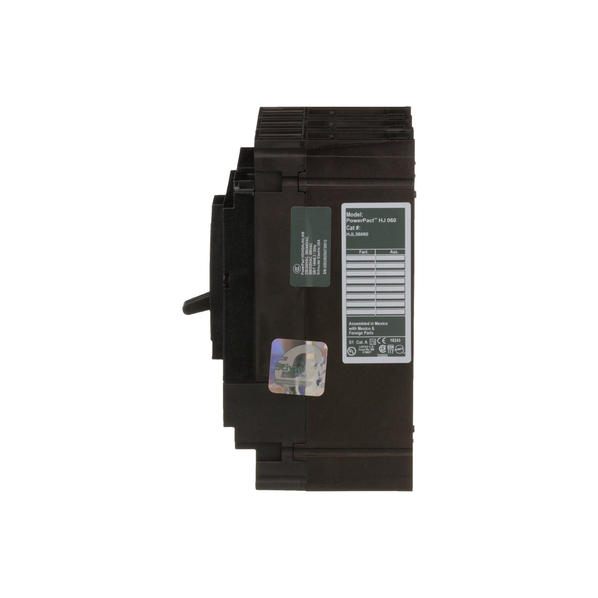 Interruptor termomagnético PowerPacT H, de 60A, 3 polos, 25kA a 600V, I-Line Schneider Electric HJL36060