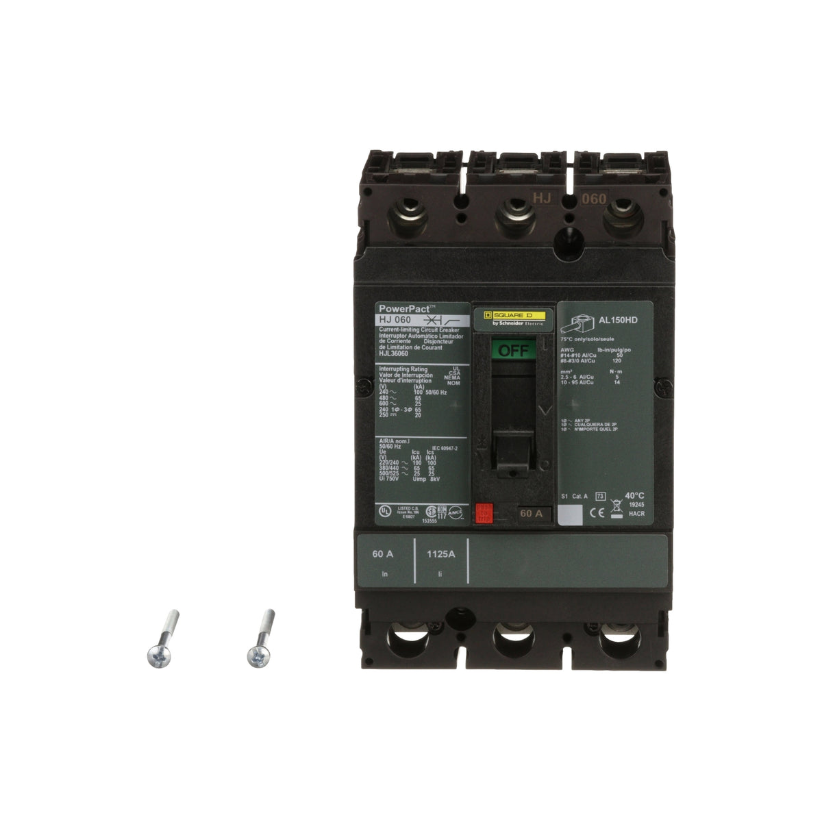 Interruptor termomagnético PowerPacT H, de 60A, 3 polos, 25kA a 600V, I-Line Schneider Electric HJL36060