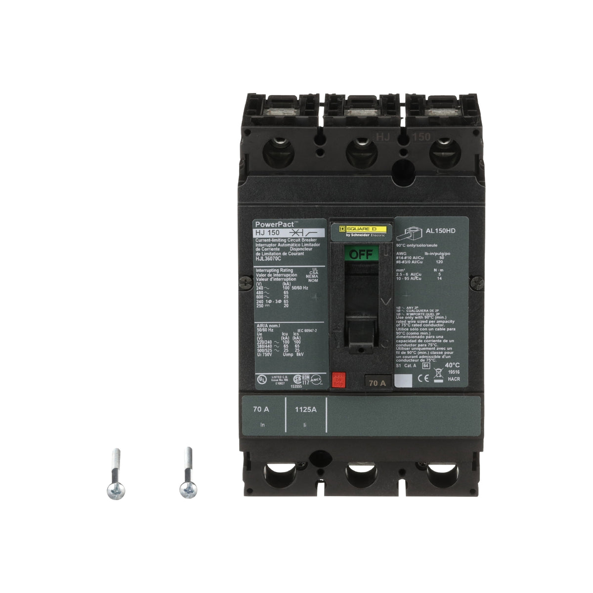 Interruptor termomagnético PowerPacT H, de 70A, 3 polos, 65kA a 600V, I-Line Schneider Electric HJL36070