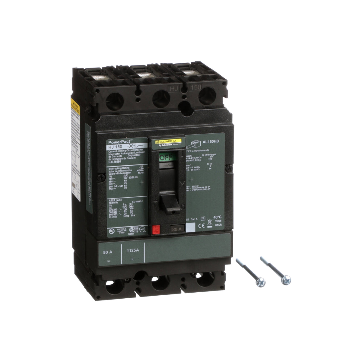 Interruptor termomagnético PowerPacT H, de 80A, 3 polos, 65kA a 600V, I-Line Schneider Electric HJL36080