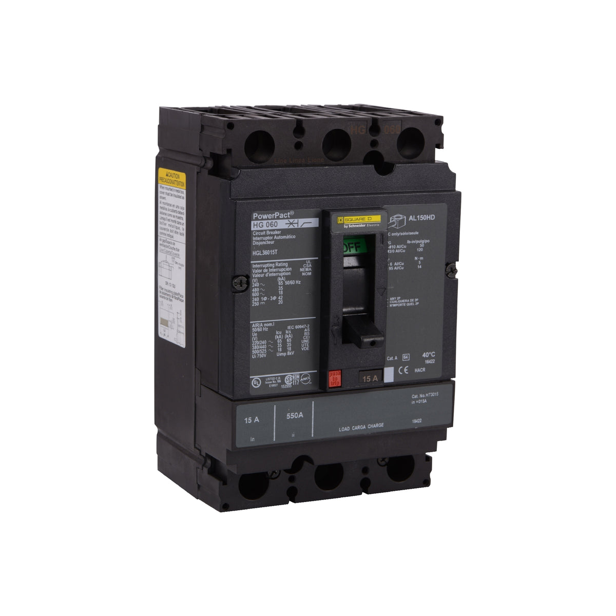 Interruptor termomagnético PowerPacT H, de 80A, 3 polos, 65kA a 600V, I-Line Schneider Electric HJL36080