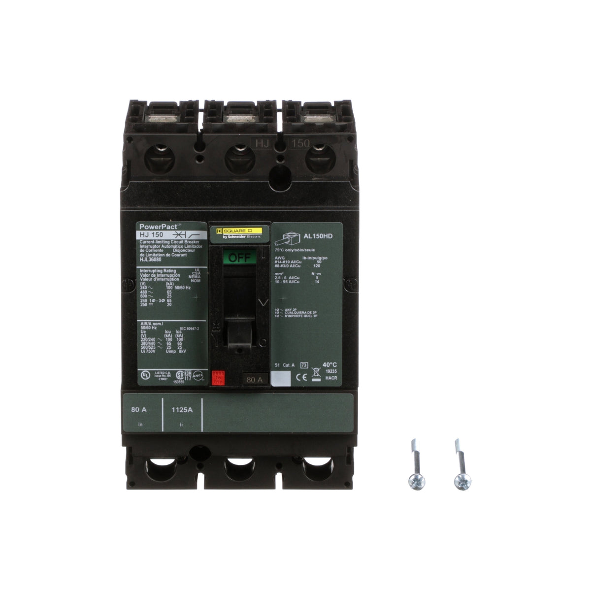 Interruptor termomagnético PowerPacT H, de 80A, 3 polos, 65kA a 600V, I-Line Schneider Electric HJL36080