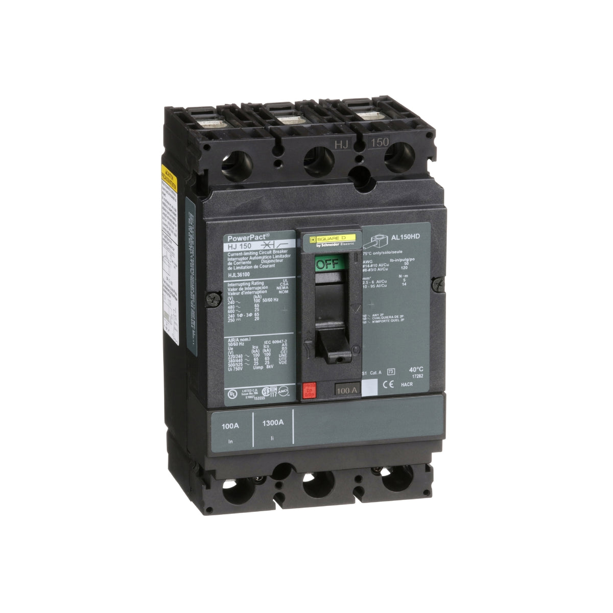 Interruptor termomagnético PowerPacT H, de 100A, 3 polos, 65kA a 600V, I-Line Schneider Electric HJL36100