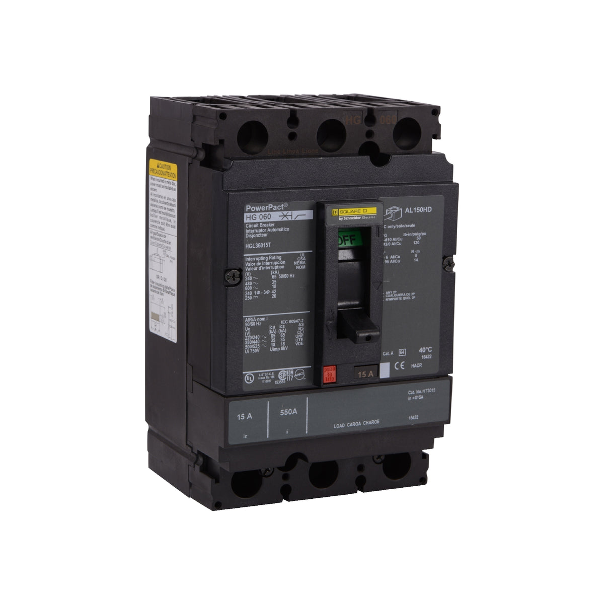 Interruptor termomagnético PowerPacT H, de 125A, 3 polos, 65kA a 600V, I-Line Schneider Electric HJL36125