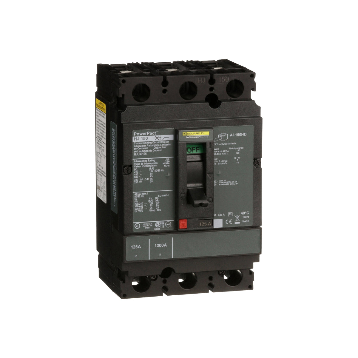Interruptor termomagnético PowerPacT H, de 125A, 3 polos, 65kA a 600V, I-Line Schneider Electric HJL36125