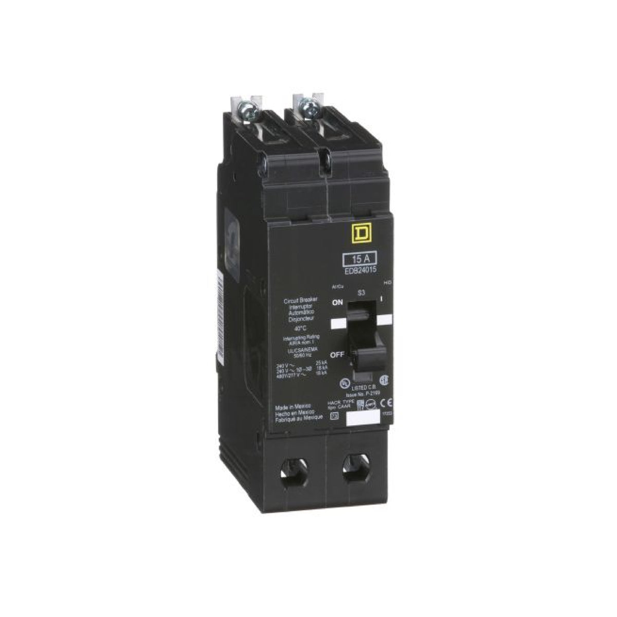 Interruptor Atornillable Marco E 2P 15A 480 Vca 18/25kA Square D Schnieder Electric EDB24015