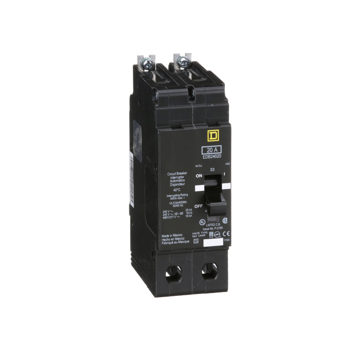Interruptor Atornillable Marco E 2P 20A 480 Vca 18/25kA Square D Schnieder Electric EDB24020