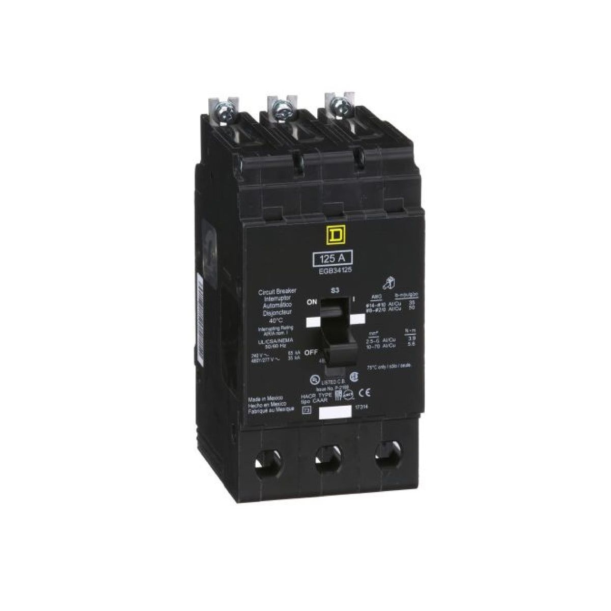 Interruptor Atornillable Marco E 3P 125A 480Y/277 Vca 18/25kA Square D Schnieder Electric EDB34125
