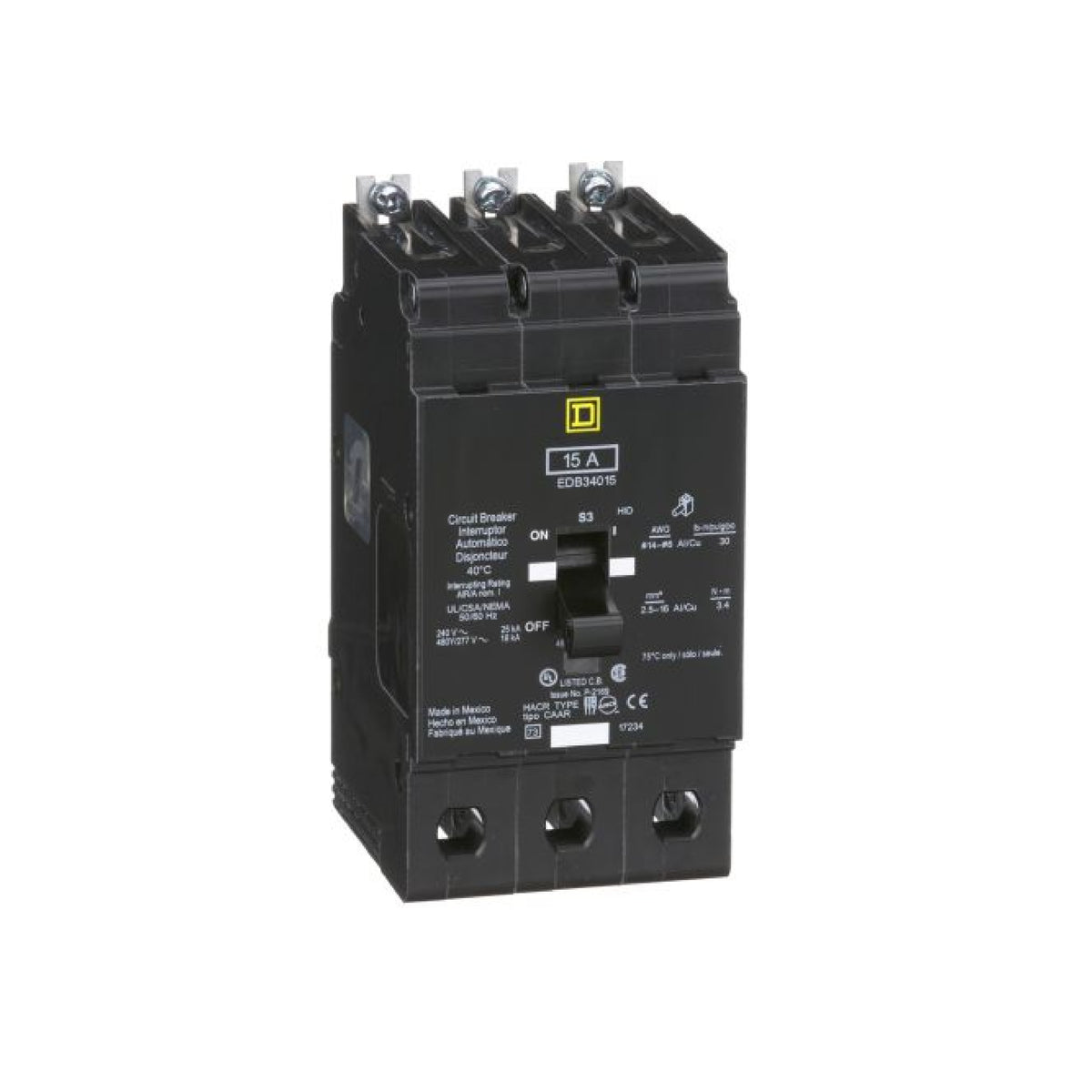 Interruptor Atornillable Marco E 3P 15A 480Y/277 Vca 18/25kA Square D Schnieder Electric EDB34015
