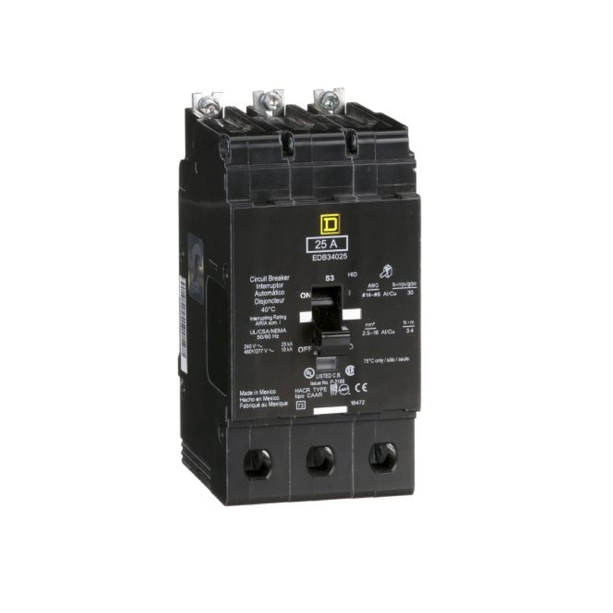 Interruptor Atornillable Marco E 3P 25A 480Y/277 Vca 18/25kA Square D Schnieder Electric EDB34025