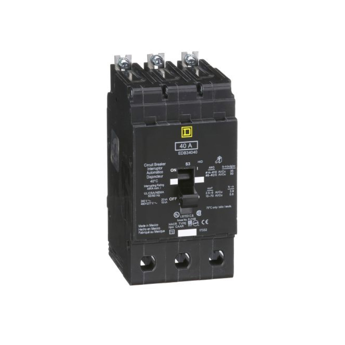Interruptor Atornillable Marco E 3P 40A 480Y/277 Vca 18/25kA Square D Schnieder Electric EDB34040
