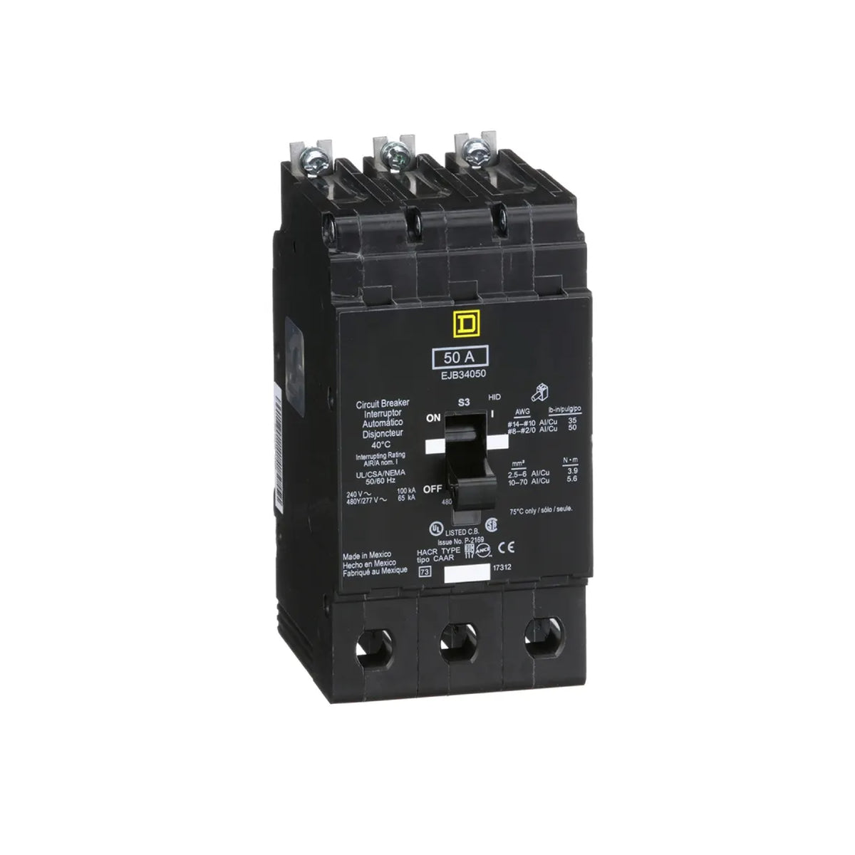 Interruptor Atornillable Marco E 3P 50A a 480/277 Vca 65/100kA Square D Schnieder Electric EJB34050