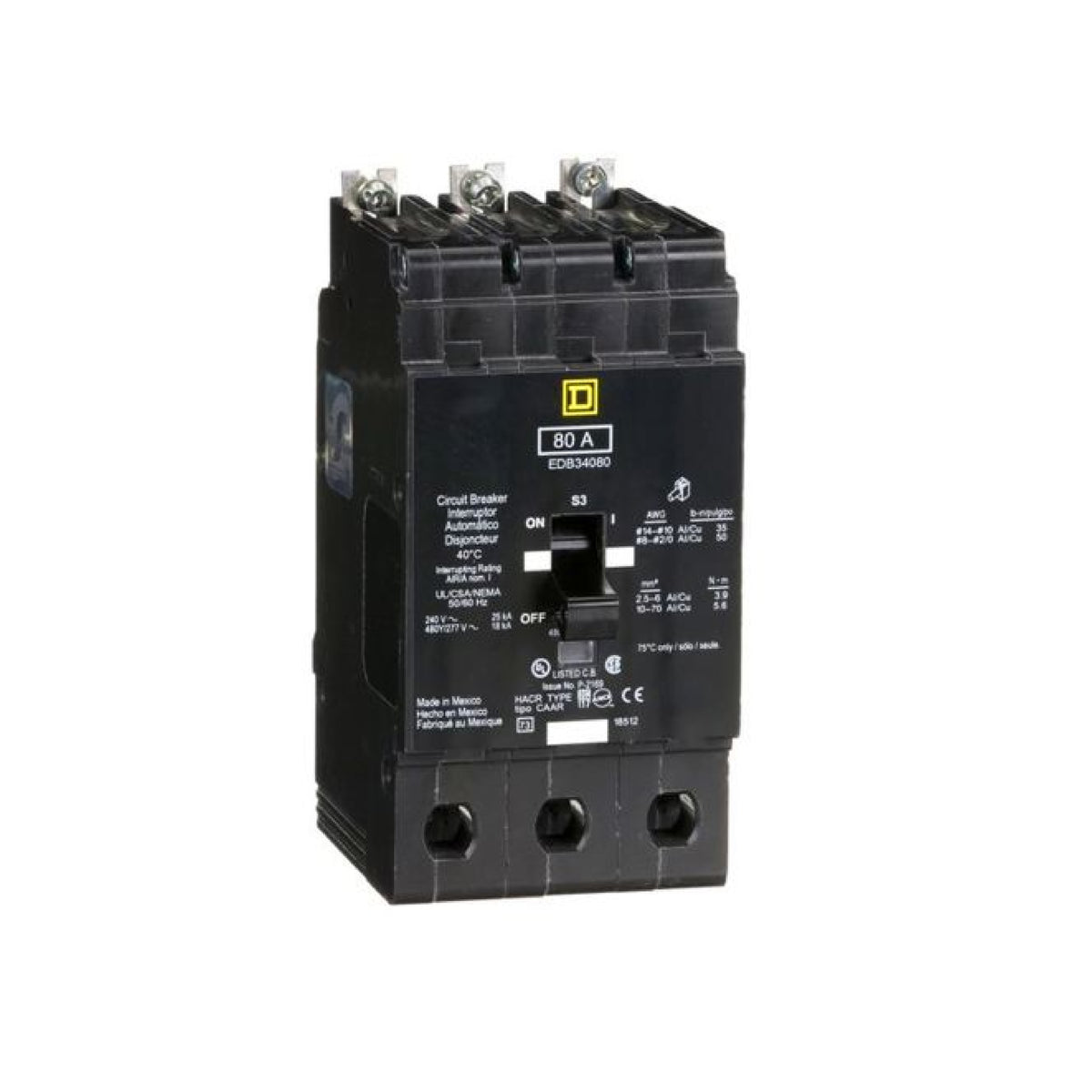 Interruptor Atornillable Marco E 3P 80A 480Y/277 Vca 18/25kA Square D Schnieder Electric EDB34080