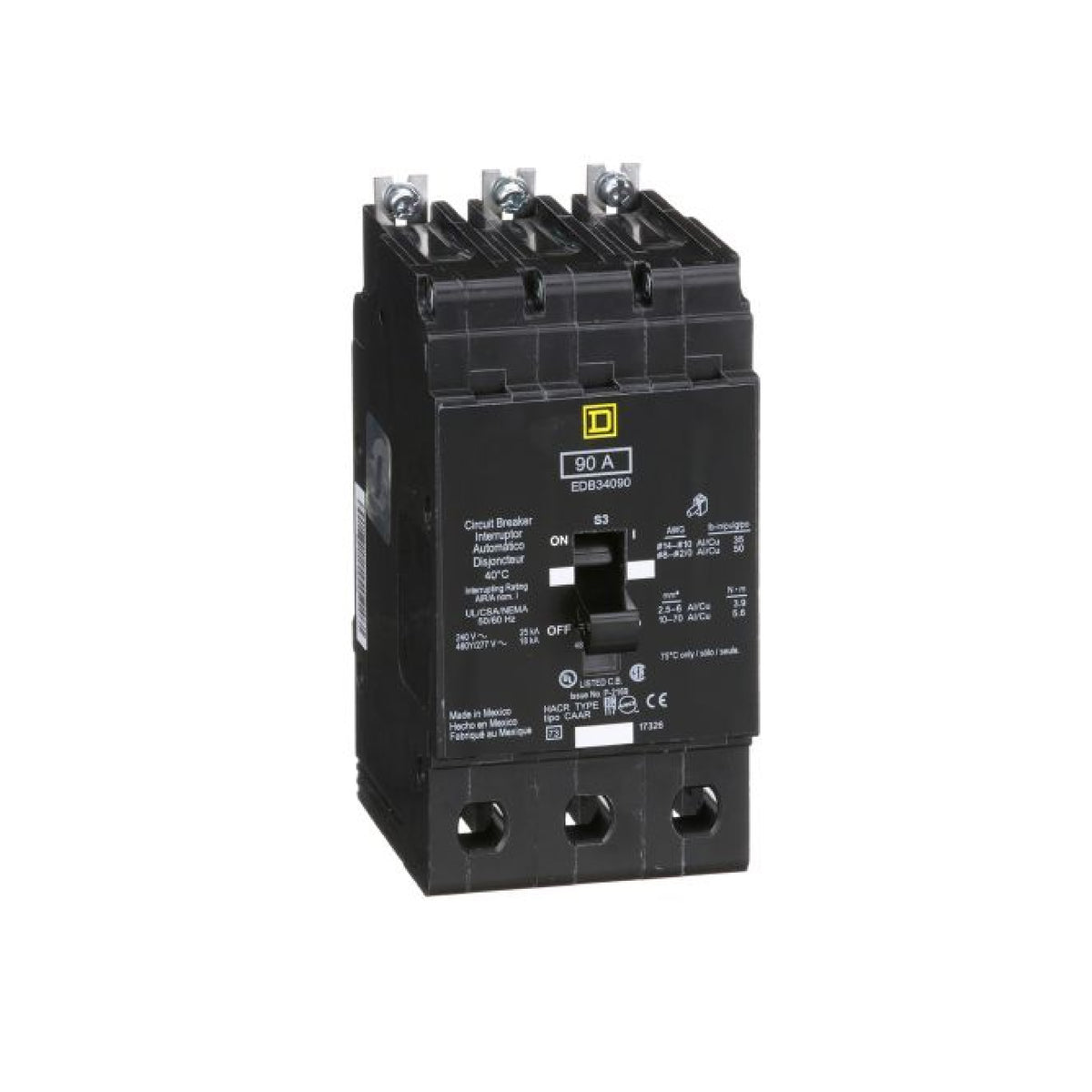 Interruptor Atornillable Marco E 3P 90A 480Y/277 Vca 18/25kA Square D Schnieder Electric EDB34090