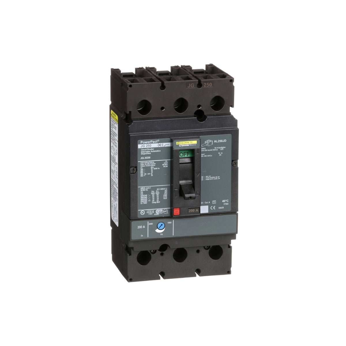 Interruptor Termomagnético Powerpact J, de 200A, 3 Polos, 35 kA a 600V, Zapatas Schneider Electric JGL36200