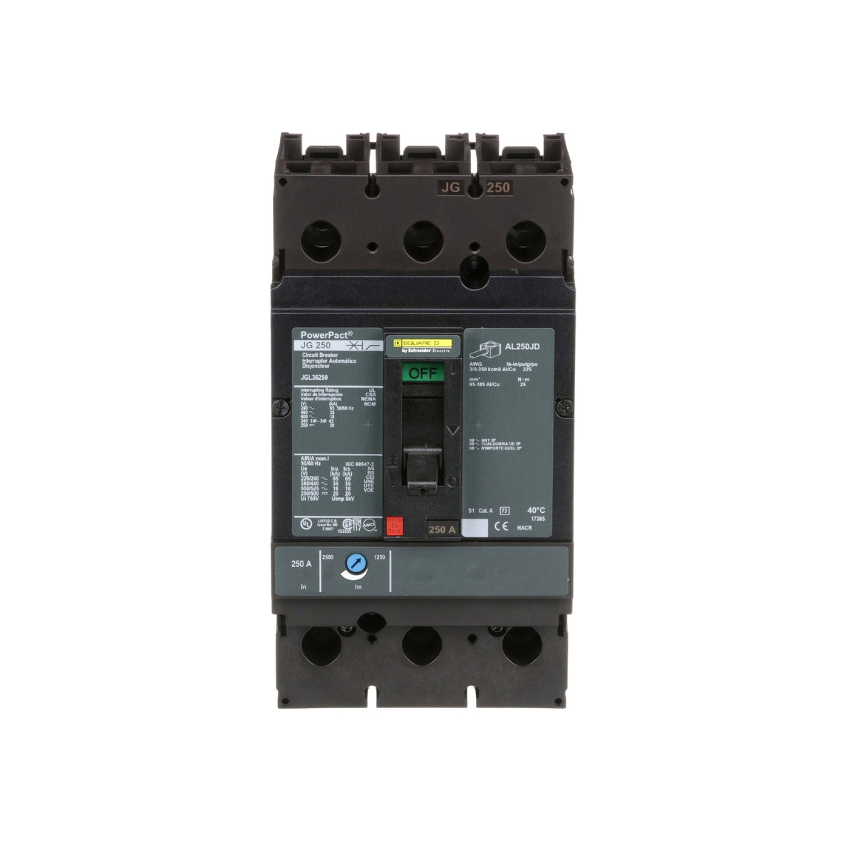 Interruptor Termomagnético Powerpact J, de 250A, 3 Polos, 18 kA a 600V, Zapatas Schneider Electric JGL36250