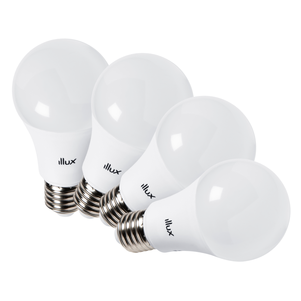 Kit 4 Focos ahorradores LED A19 E27 Luz fría 9.5W Blanco Illux