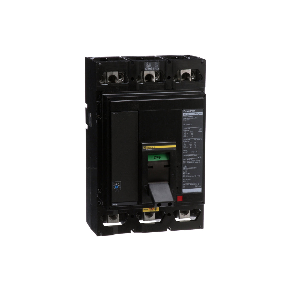 Interruptor Electrónico Powerpact M, de 500A, 3 Polos, 18 kA a 600V, Zapatas, Et1.0 Schneider Electric MGL36500