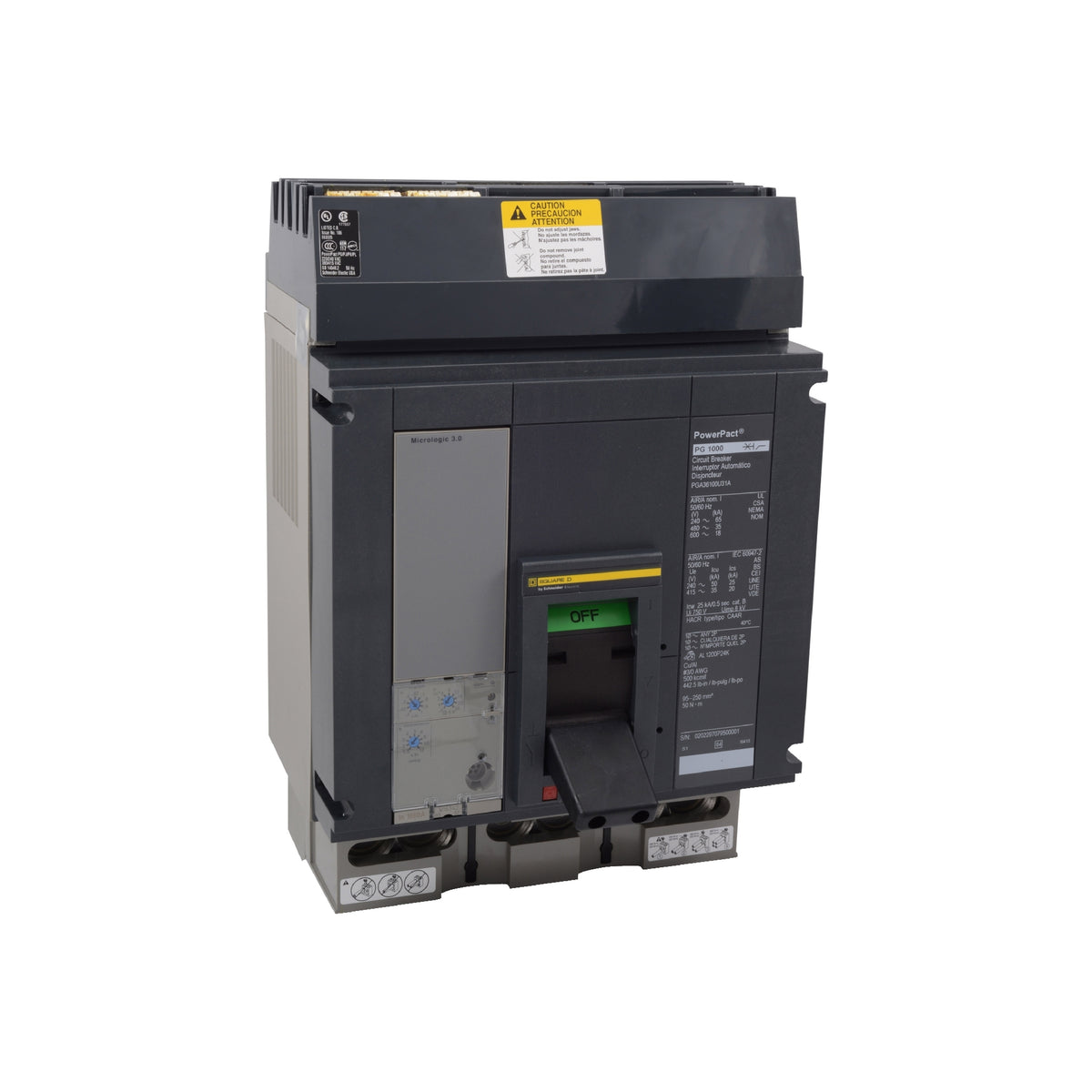 Interruptor Electrónico Powerpact P, de 1000A, 3 Polos, 18 kA a 600V, I-Line, 3.0A Schneider Electric PGA36100U41A