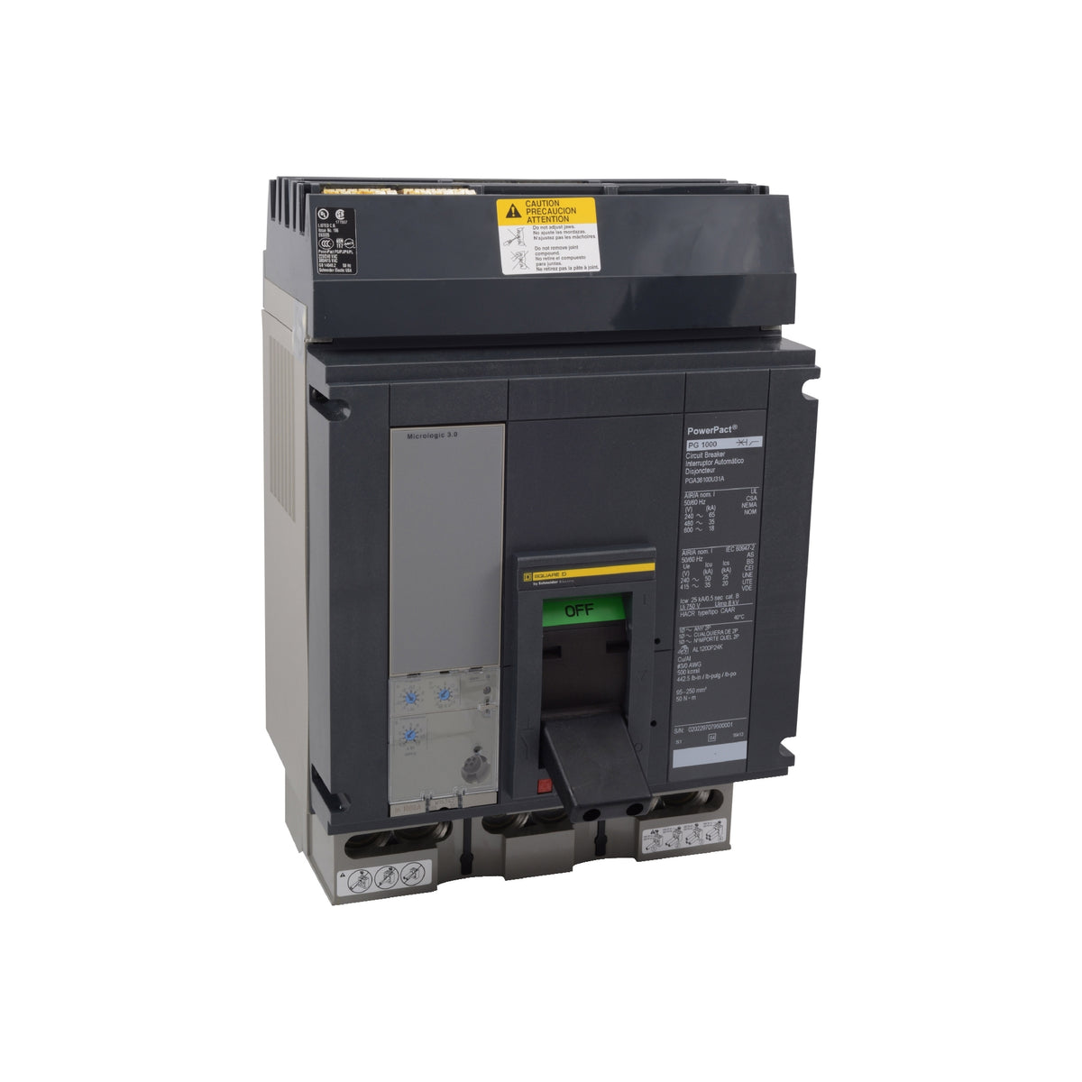 Interruptor Electrónico Powerpact P, de 1200A, 3 Polos, 18 kA a 600V, I-Line, 6.0A Schneider Electric PGA36120U44A