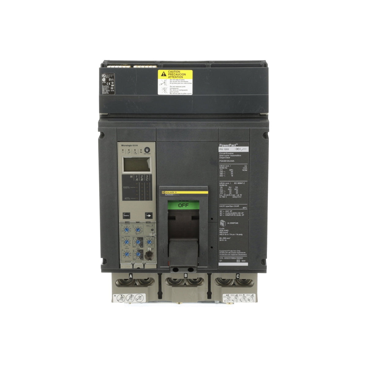 Interruptor Electrónico Powerpact P, de 1200A, 3 Polos, 18 kA a 600V, I-Line, 6.0A Schneider Electric PGA36120U44A