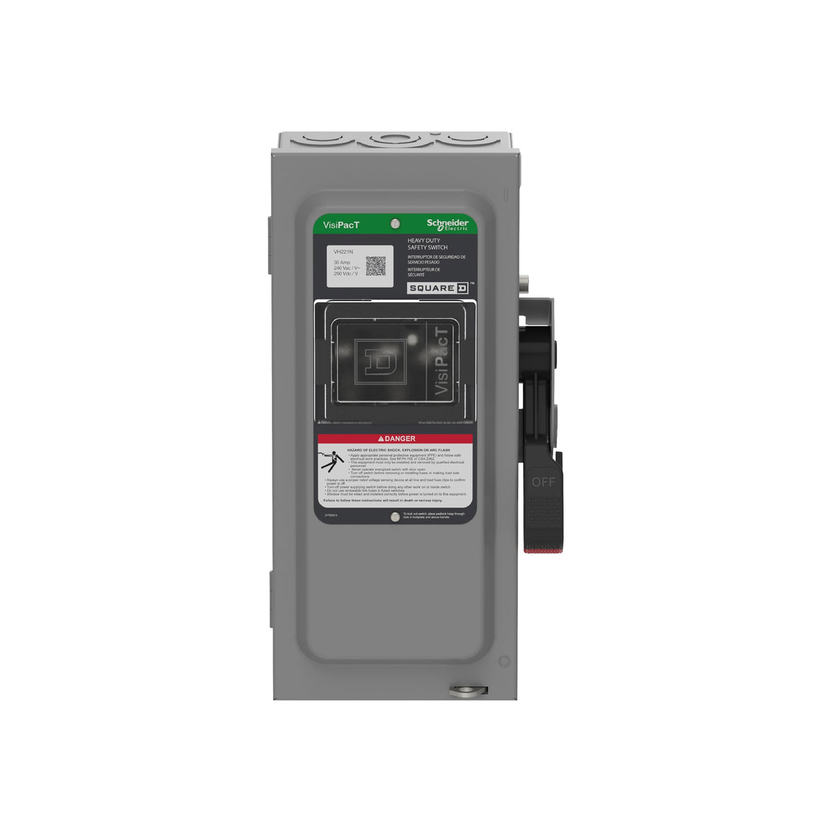 Interruptor de Seguridad, Uso Pesado, con Fusible, Ventana de Visualización, NEMA 1,240 V, 30 A, 3 Polos, Neutro Instalado Schneider Electric VH321N