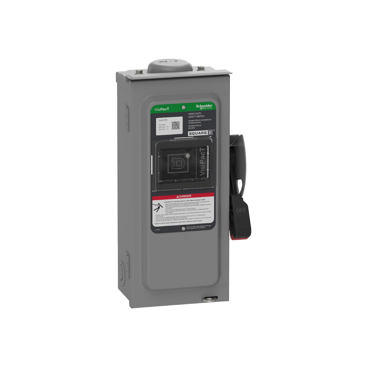 Interruptor de Seguridad, Uso Pesado, con Fusible, Ventana de Visualización, NEMA 3R, 600 V, 30 A, 3 Polos Schneider Electric VH361RB
