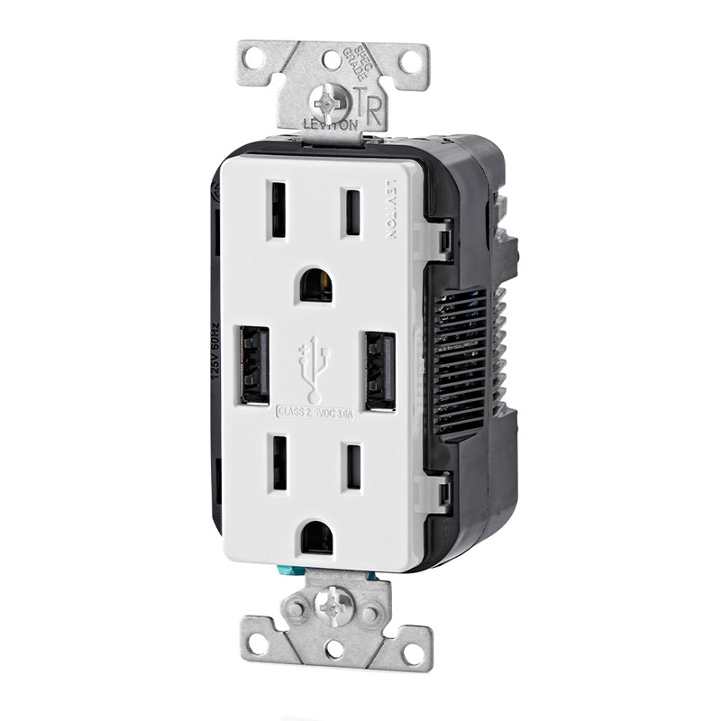 Receptáculo Dúplex Tamper Resistant 2 Puertos Usb 15a 125v Blanco Decora Leviton 8763