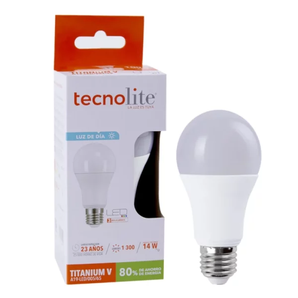 241-A19-LED-005-65-Foco ahorrador LED A19 Luz fría 14W Blanco Titanium V Tecnolite
