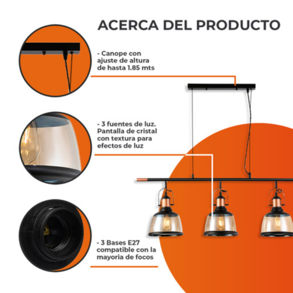 Lámpara colgante triple E27 25.5W Cristal Negro/Dorado Tecnolite - Imagen 5